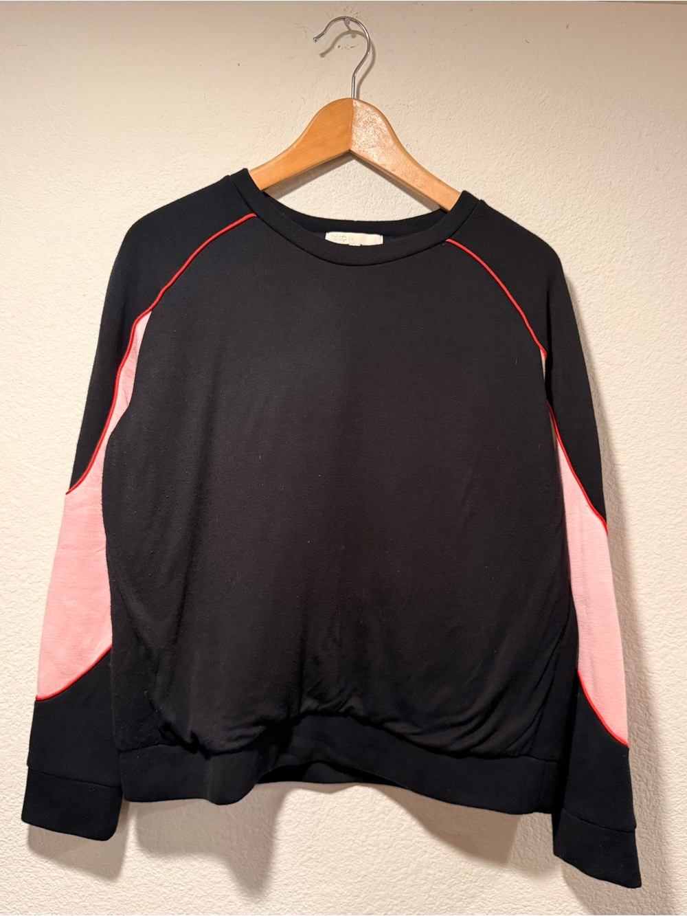 MAJE Black Sweatshirt with Pink Paneling and Red Piping Trim